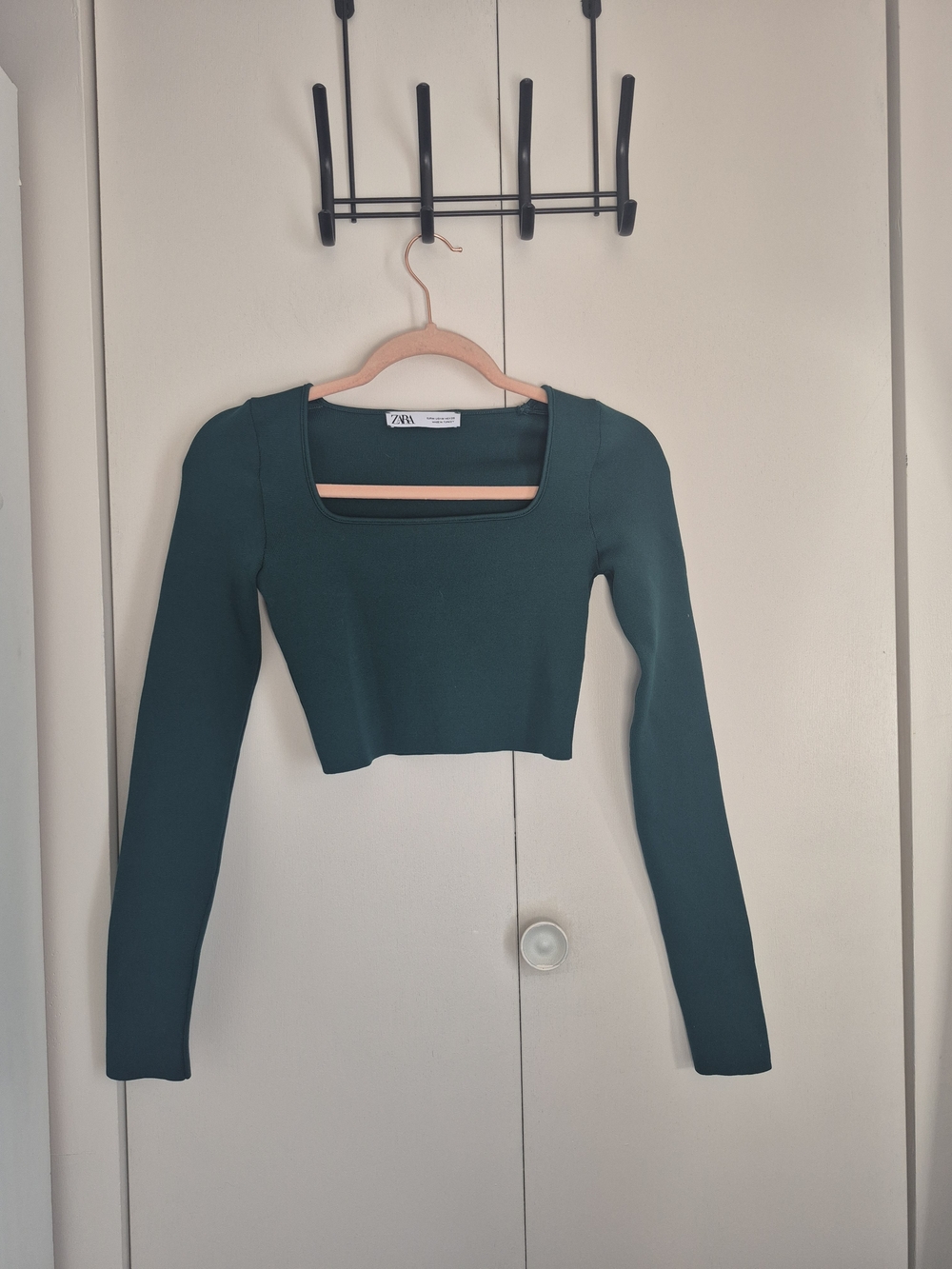 Zara Dark Teal Square Neck Long Sleeve Crop Top